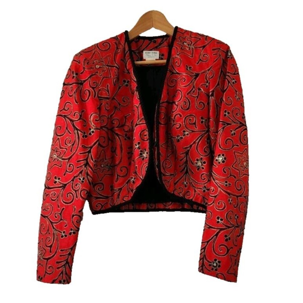 Vintage Hobby Horse Silk Jacket Size L Red/Black Cropped Gold Stitch Horse Show